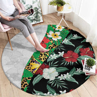 Hawaiian Tropical Flowers and Leaves Round Carpet on Leopard Pattern Half Style White-Black Version - Polynesian Pride