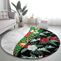 Hawaiian Tropical Flowers and Leaves Round Carpet on Leopard Pattern Half Style White-Black Version - Polynesian Pride