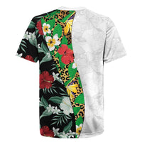 Hawaiian Tropical Flowers and Leaves Rugby Jersey on Leopard Pattern Half Style White-Black Version - Polynesian Pride
