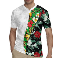 Hawaiian Tropical Flowers and Leaves Rugby Jersey on Leopard Pattern Half Style White-Black Version - Polynesian Pride