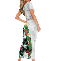Hawaiian Tropical Flowers and Leaves Short Sleeve Bodycon Dress on Leopard Pattern Half Style White-Black Version - Polynesian Pride