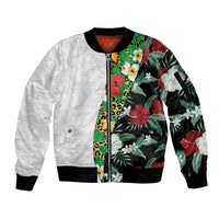 Hawaiian Tropical Flowers and Leaves Sleeve Zip Bomber Jacket on Leopard Pattern Half Style White-Black Version LT03 Unisex White - Polynesian Pride