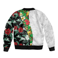 Hawaiian Tropical Flowers and Leaves Sleeve Zip Bomber Jacket on Leopard Pattern Half Style White-Black Version LT03 - Polynesian Pride