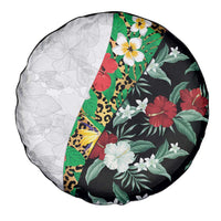 Hawaiian Tropical Flowers and Leaves Spare Tire Cover on Leopard Pattern Half Style White-Black Version - Polynesian Pride
