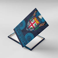 Fiji Coat of Arms Traditional Dashiki Canvas Wall Art Tapa Art and Palm Leaves Pattern Dark Navy Color - Polynesian Pride