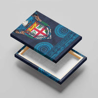 Fiji Coat of Arms Traditional Dashiki Canvas Wall Art Tapa Art and Palm Leaves Pattern Dark Navy Color - Polynesian Pride