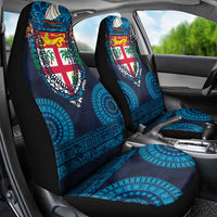 Fiji Coat of Arms Traditional Dashiki Car Seat Cover Tapa Art and Palm Leaves Pattern Dark Navy Color - Polynesian Pride