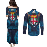 Fiji Coat of Arms Traditional Dashiki Couples Matching Puletasi and Long Sleeve Button Shirt Tapa Art and Palm Leaves Pattern Dark Navy Color - Polynesian Pride