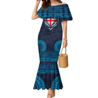Fiji Coat of Arms Traditional Dashiki Family Matching Mermaid Dress and Hawaiian Shirt Tapa Art and Palm Leaves Pattern Dark Navy Color - Polynesian Pride