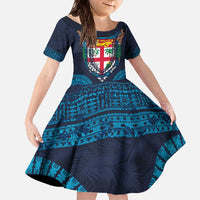 Fiji Coat of Arms Traditional Dashiki Family Matching Off The Shoulder Long Sleeve Dress and Hawaiian Shirt Tapa Art and Palm Leaves Pattern Dark Navy Color - Polynesian Pride