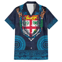 Fiji Coat of Arms Traditional Dashiki Family Matching Short Sleeve Bodycon Dress and Hawaiian Shirt Tapa Art and Palm Leaves Pattern Dark Navy Color - Polynesian Pride