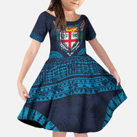 Fiji Coat of Arms Traditional Dashiki Family Matching Tank Maxi Dress and Hawaiian Shirt Tapa Art and Palm Leaves Pattern Dark Navy Color - Polynesian Pride