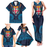Fiji Coat of Arms Traditional Dashiki Family Matching Tank Maxi Dress and Hawaiian Shirt Tapa Art and Palm Leaves Pattern Dark Navy Color - Polynesian Pride