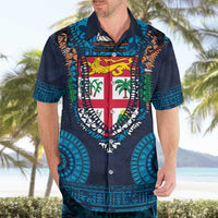 Fiji Coat of Arms Traditional Dashiki Hawaiian Shirt Tapa Art and Palm Leaves Pattern Dark Navy Color - Polynesian Pride