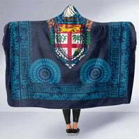 Fiji Coat of Arms Traditional Dashiki Hooded Blanket Tapa Art and Palm Leaves Pattern Dark Navy Color - Polynesian Pride
