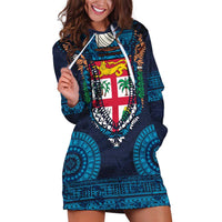 Fiji Coat of Arms Traditional Dashiki Hoodie Dress Tapa Art and Palm Leaves Pattern Dark Navy Color - Polynesian Pride