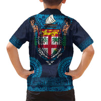 Fiji Coat of Arms Traditional Dashiki Kid Hawaiian Shirt Tapa Art and Palm Leaves Pattern Dark Navy Color - Polynesian Pride