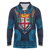 Fiji Coat of Arms Traditional Dashiki Long Sleeve Polo Shirt Tapa Art and Palm Leaves Pattern Dark Navy Color - Polynesian Pride