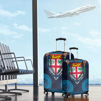 Fiji Coat of Arms Traditional Dashiki Luggage Cover Tapa Art and Palm Leaves Pattern Dark Navy Color - Polynesian Pride