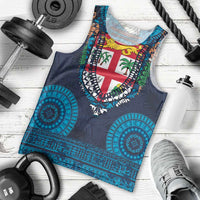Fiji Coat of Arms Traditional Dashiki Men Tank Top Tapa Art and Palm Leaves Pattern Dark Navy Color - Polynesian Pride