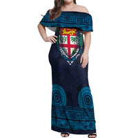Fiji Coat of Arms Traditional Dashiki Off Shoulder Maxi Dress Tapa Art and Palm Leaves Pattern Dark Navy Color - Polynesian Pride