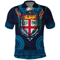 Fiji Coat of Arms Traditional Dashiki Polo Shirt Tapa Art and Palm Leaves Pattern Dark Navy Color - Polynesian Pride