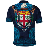 Fiji Coat of Arms Traditional Dashiki Polo Shirt Tapa Art and Palm Leaves Pattern Dark Navy Color - Polynesian Pride