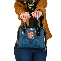 Fiji Coat of Arms Traditional Dashiki Shoulder Handbag Tapa Art and Palm Leaves Pattern Dark Navy Color - Polynesian Pride