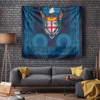 Fiji Coat of Arms Traditional Dashiki Tapestry Tapa Art and Palm Leaves Pattern Dark Navy Color - Polynesian Pride