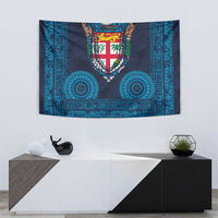 Fiji Coat of Arms Traditional Dashiki Tapestry Tapa Art and Palm Leaves Pattern Dark Navy Color - Polynesian Pride