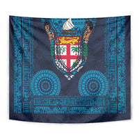 Fiji Coat of Arms Traditional Dashiki Tapestry Tapa Art and Palm Leaves Pattern Dark Navy Color - Polynesian Pride