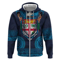 Fiji Coat of Arms Traditional Dashiki Zip Hoodie Tapa Art and Palm Leaves Pattern Dark Navy Color - Polynesian Pride