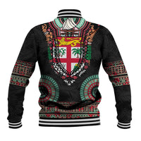 Fiji Coat of Arms Traditional Dashiki Baseball Jacket Tapa Art and Palm Leaves Pattern Black Color - Polynesian Pride