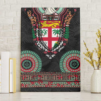 Fiji Coat of Arms Traditional Dashiki Canvas Wall Art Tapa Art and Palm Leaves Pattern Black Color - Polynesian Pride