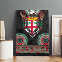 Fiji Coat of Arms Traditional Dashiki Canvas Wall Art Tapa Art and Palm Leaves Pattern Black Color - Polynesian Pride