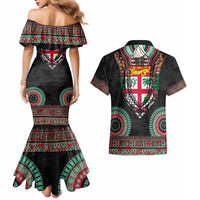 Fiji Coat of Arms Traditional Dashiki Couples Matching Mermaid Dress and Hawaiian Shirt Tapa Art and Palm Leaves Pattern Black Color - Polynesian Pride