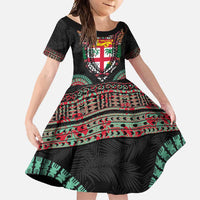 Fiji Coat of Arms Traditional Dashiki Family Matching Long Sleeve Bodycon Dress and Hawaiian Shirt Tapa Art and Palm Leaves Pattern Black Color - Polynesian Pride