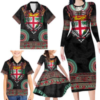 Fiji Coat of Arms Traditional Dashiki Family Matching Long Sleeve Bodycon Dress and Hawaiian Shirt Tapa Art and Palm Leaves Pattern Black Color - Polynesian Pride