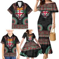 Fiji Coat of Arms Traditional Dashiki Family Matching Mermaid Dress and Hawaiian Shirt Tapa Art and Palm Leaves Pattern Black Color - Polynesian Pride