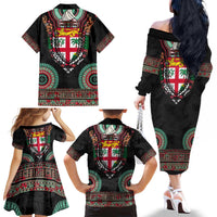Fiji Coat of Arms Traditional Dashiki Family Matching Off The Shoulder Long Sleeve Dress and Hawaiian Shirt Tapa Art and Palm Leaves Pattern Black Color - Polynesian Pride