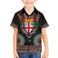 Fiji Coat of Arms Traditional Dashiki Family Matching Puletasi and Hawaiian Shirt Tapa Art and Palm Leaves Pattern Black Color - Polynesian Pride