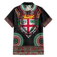 Fiji Coat of Arms Traditional Dashiki Family Matching Short Sleeve Bodycon Dress and Hawaiian Shirt Tapa Art and Palm Leaves Pattern Black Color - Polynesian Pride