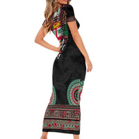 Fiji Coat of Arms Traditional Dashiki Family Matching Short Sleeve Bodycon Dress and Hawaiian Shirt Tapa Art and Palm Leaves Pattern Black Color - Polynesian Pride