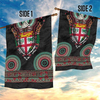 Fiji Coat of Arms Traditional Dashiki Garden Flag Tapa Art and Palm Leaves Pattern Black Color - Polynesian Pride