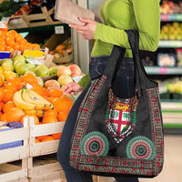 Fiji Coat of Arms Traditional Dashiki Grocery Bag Tapa Art and Palm Leaves Pattern Black Color - Polynesian Pride