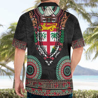 Fiji Coat of Arms Traditional Dashiki Hawaiian Shirt Tapa Art and Palm Leaves Pattern Black Color - Polynesian Pride