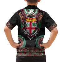 Fiji Coat of Arms Traditional Dashiki Hawaiian Shirt Tapa Art and Palm Leaves Pattern Black Color - Polynesian Pride