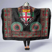 Fiji Coat of Arms Traditional Dashiki Hooded Blanket Tapa Art and Palm Leaves Pattern Black Color - Polynesian Pride
