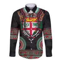 Fiji Coat of Arms Traditional Dashiki Long Sleeve Button Shirt Tapa Art and Palm Leaves Pattern Black Color - Polynesian Pride