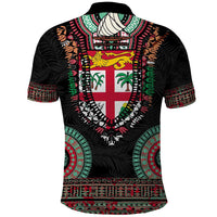 Fiji Coat of Arms Traditional Dashiki Polo Shirt Tapa Art and Palm Leaves Pattern Black Color - Polynesian Pride
